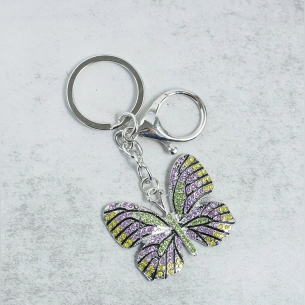 Multicolor Rhinestone Butterfly Keychain With Clasp In Silver BNIB - Picture 9 of 10